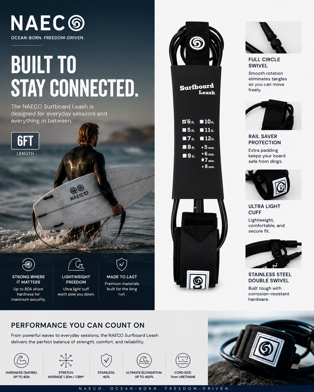 NAECO Performance Surf Leash – 6 FT